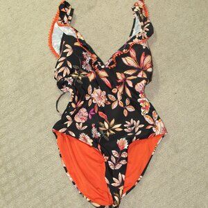 Goldenpoint Women's 36 Italian Made Orange Black Floral High Cut Ruffle Shoulder